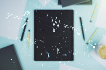 Creative scientific formula concept and modern digital tablet on background, top view. Multiexposure