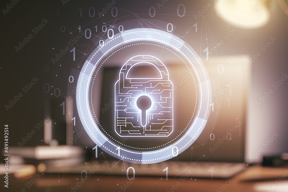 Poster Creative light lock illustration with microcircuit on modern computer background, cyber security concept. Multiexposure