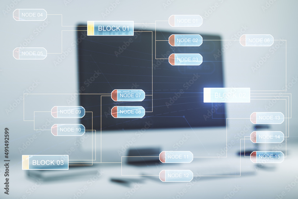 Poster multi exposure of abstract graphic coding sketch on modern computer background, big data and network
