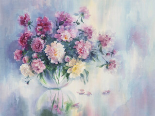 A bouquet of pink peonies in vase watercolor background