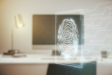 Multi exposure of abstract fingerprint scan interface on computer background, digital access concept