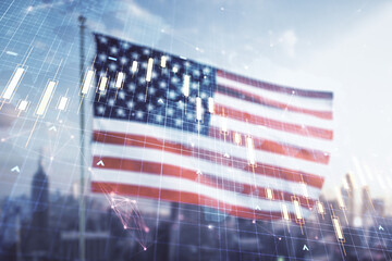 Fototapeta na wymiar Multi exposure of virtual creative financial graph and world map on USA flag and blurry cityscape background, forex and investment concept