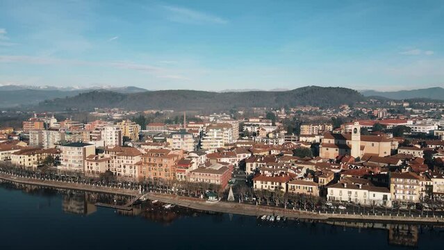 Aerial Drone - Morning Landscape on the Village of Sesto Calende Italy