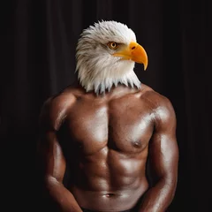 Fotobehang Black muscular athletic man torso with bald eagle head, front view photo manupulation © BOOCYS