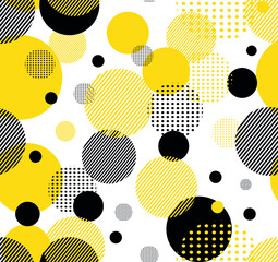 Abstract Seamless Pattern with dots, circles and lines on white background. Vector illustration. Trendy geometric elements. Modern abstract design poster, cover, card design, fabric sample.
