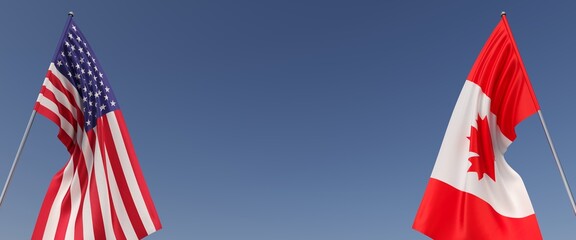 Canada and USA flags on flagpoles on blue background. Flags on sides in the center of empty space. Place for text. Canadian flag. Maple leaf. America. 3D illustration.