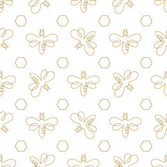 Bee one line draw pattern. Bee one continuous line drawing seamless paper. Gold honey identity background. Gold bee farm pattern. Luxury design graphic illustration