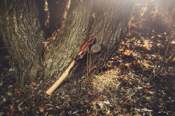 shaman flute in forest on tree. © jozefklopacka