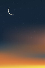 Naklejka na ściany i meble Islamic card with Crescent moon on Blue,Orange sky background,Vertical banner Ramadan Night with Dramtic Suset,twilight dusk sky for Islamic religion, Eid al-Adha,Eid Mubarak,Eid al fitr