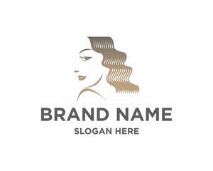 beautiful woman with gorgeous hair curls - salon hairstyle portrait white vector outline gold