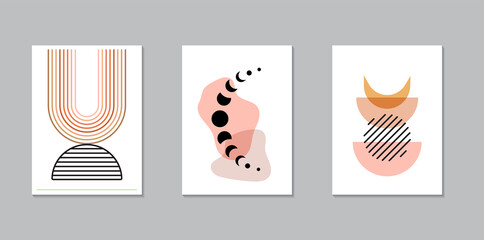 Abstract boho poster collection. Moon phases. Striped wall art. Geometric shape in 1920s style. Vector illustration