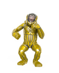 chimpanzee astronaut is doing a dominant pose in white background