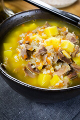 Polish barley soup with vegetables and chicken heart.