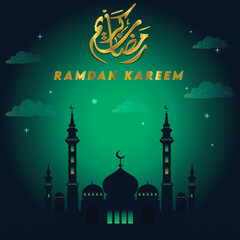 Ramadan Kareem Calligraphy with traditional Islamic background with radial green gradient effect.