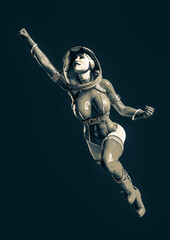 super astronaut girl is flying up like a hero on dark background