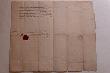 An old letter with a red wax seal. Fragment Of The Real Ancient Manuscript 1800's.