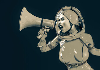 super astronaut girl is shouting and protesting holding a megaphone on dark background © DM7