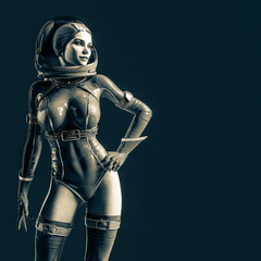 super astronaut girl is doing a pin up pose on dark background