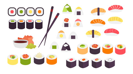 Vector illustration set seafood sushi on white background. Promotion template design Japanese cuisine and restaurant in cartoon style.