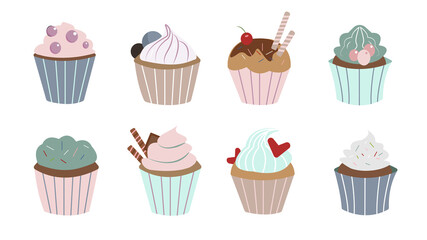 Vector illustration natural appetizing cupcakes on white background. Set homemade cakes with various fillings in cartoon style.