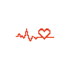 Pixel art heart pulse. Dotted heart pulse designed with small square pixels. Vector illustration of heart pulse icon on a white background. 8 bit. 8bit.