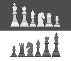 Set of chess pieces in flet style. Vector illustration of logic tactical turn based game on white background. Types of chess in the picture king, queen, bishop, knight, rook and pawn.