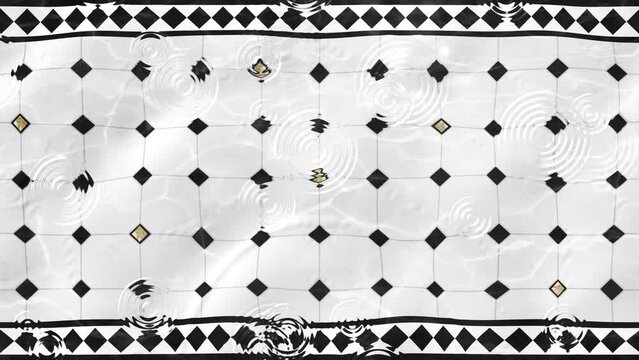 White and black, decorative, tiles floor with gently waving clear water and water droplets.  Top view, caustic reflections, looping animated background.