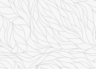 Curly waves tracery, curved lines, stylized abstract petals pattern. Seamless leaf background. Monochrome outline white texture. Organic wallpapers for printing on paper or fabric. Vector 
