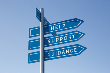 Fototapeta premium Help, support, guidance word on signpost isolated on sky background