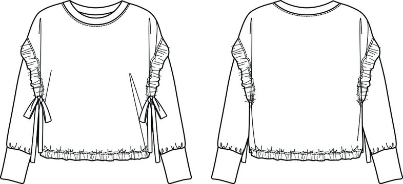 Vector fashion sketch sweatshirt with gethering detail, women sweatshirt technical drawing, fashion CAD, long sleeved round neck top flat, template. Fleece  sweatshirt with front,back view,white color