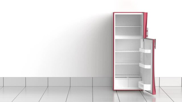 Empty red refrigerator in the kitchen