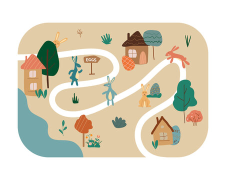 Egg hunt boho map. Happy Easter concept. Town with houses, trees and bunnies. Vector stock illustration