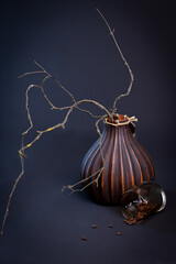 Clay vase with a branch. Composition on a dark background with coffee beans