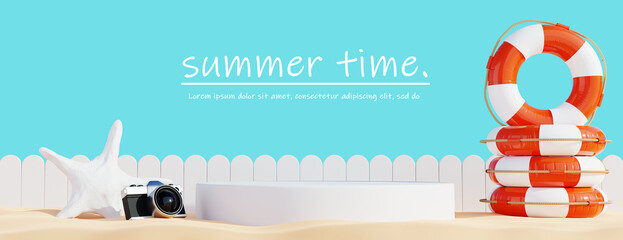 3d render of podium with summer time decoration sand beach concept.