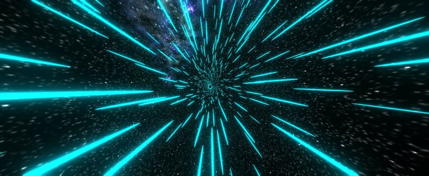 Space tunnel hyperjump background. Futuristic acceleration with 3d render of neon blue warp jump beams. Fast travel through galaxy wormhole along star corridor
