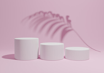 Light, pastel, lavender pink 3D render of a simple, minimal product display composition backdrop with three podiums or stands and palm leaf shadows in the background for nature products