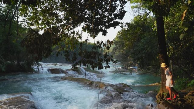 Female Tourist Visit Agua Azul Waterfalls in Chiapas, Mexico