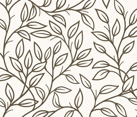 Floral branches pattern, leaves on white background, line art leaf and branches. Vector artwork background for wallpaper, fabrics 