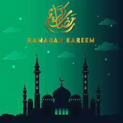 Ramadan Kareem Calligraphy written in gold gradient Having traditional Islamic background with linear green gradient effect.