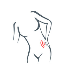 Body part pain. Woman feels pain in back marked with red lines. Vector foci of pain or trauma symbols, grey art line illustration