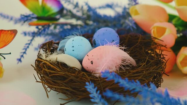 Beautiful Easter background with eggs. Selective focus.