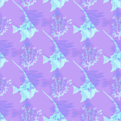 Ultraviolet iridescent fish pattern background. Modern digital lavender peri purple under the sea fishes texture. Tropical calm coastal wellness all over print.