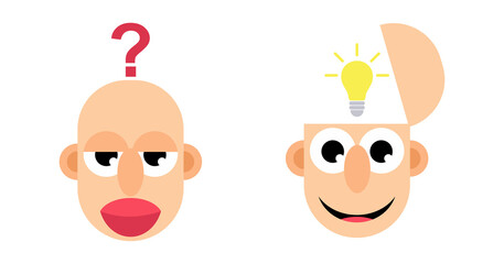 An Idea, Knowledge Design Concept Illustration of an Idea Bulb being Inserted into an open Head of a Cartoon Flat Art Character. Before and after Acquiring Knowledge, an Idea Illustration