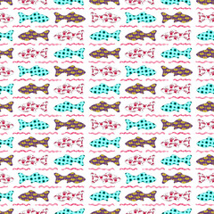 Colorful cute floral sardine festival fish seamless pattern. Stylised watercolor flower patterned fishes effect. Playful summer food party background. Whimsical Lisbon hand drawn food festival design.