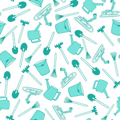 Seamless pattern garden farming tools. Shovel, rake, hose, watering can, turquoise bucket on a white background