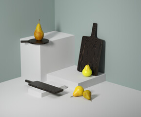 Pear. Three pears on esthetic scene with cutting boards. Minimal esthetic concept. 3d render