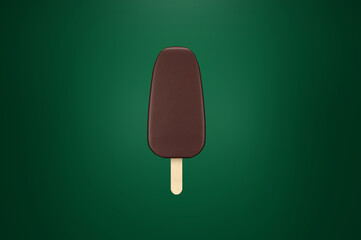 Chocolate ice cream on stick. Ice cream isolated on green background. 3d render of ice cream. Summer concept