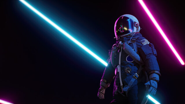 Retrowave astronaut among neon laser beams. Futuristic neon background 3d render