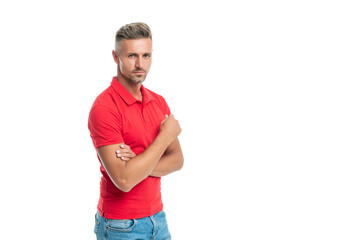 Fototapeta premium male fashion model in casual style clothes crossed hands, copy space