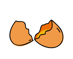 Broken eggshell with yolk isolated on white background, hand drawn or doodle style. Flat vector illustration.